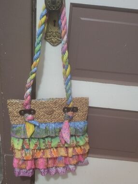 Boho Multicolor Ruffle Straw Shoulder Bag